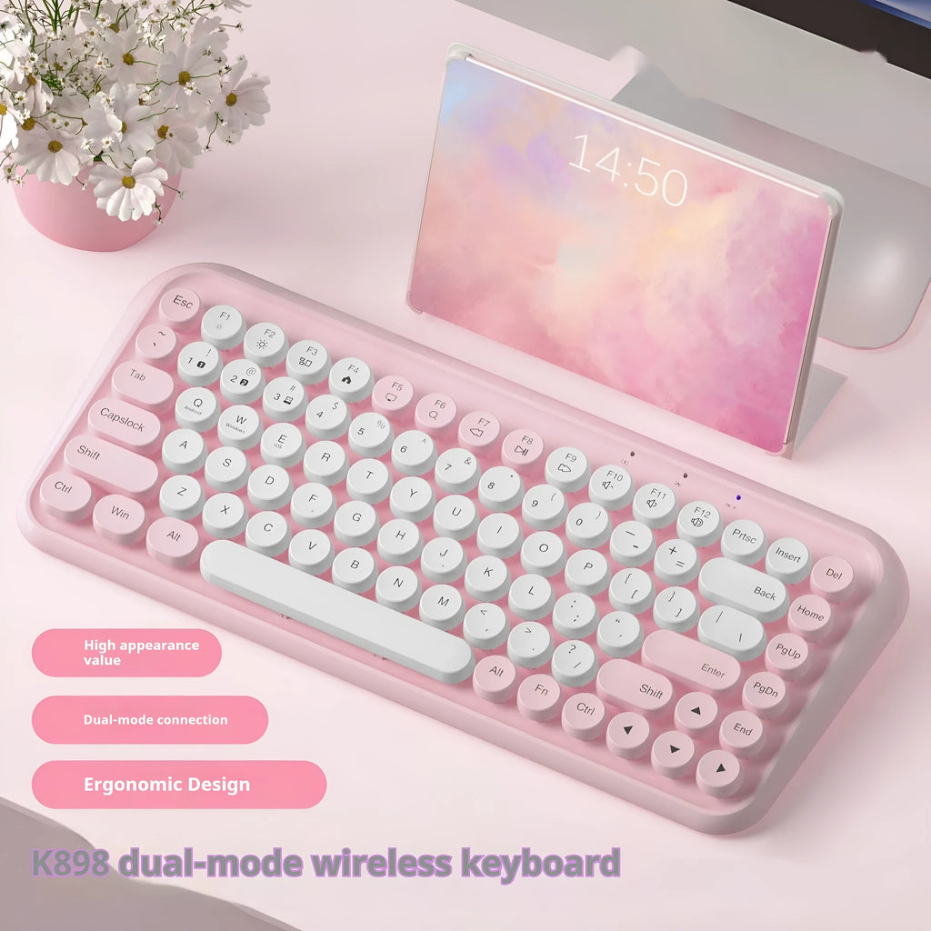 Pink wireless Bluetooth keyboard with 84 keys showing crater architecture buttons