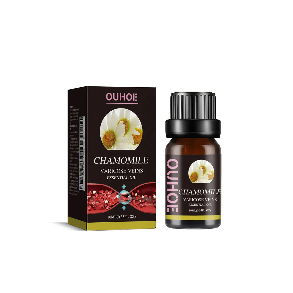Chamomile leg essential oil bottle with 10ml net content for skin care and discomfort relief