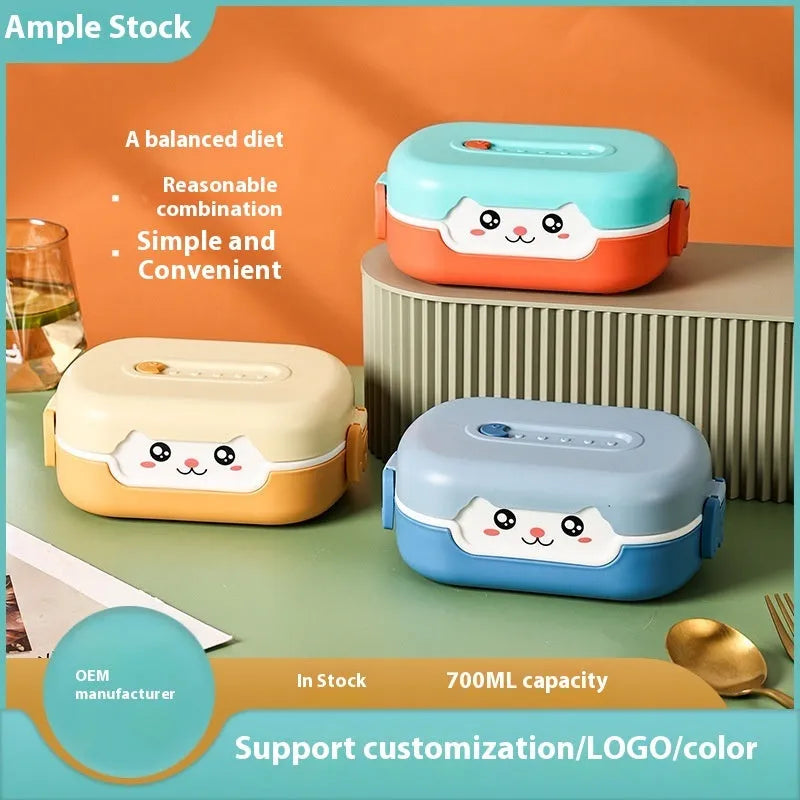 Solid colour square plastic lunch box with divided compartments in microwave safe design