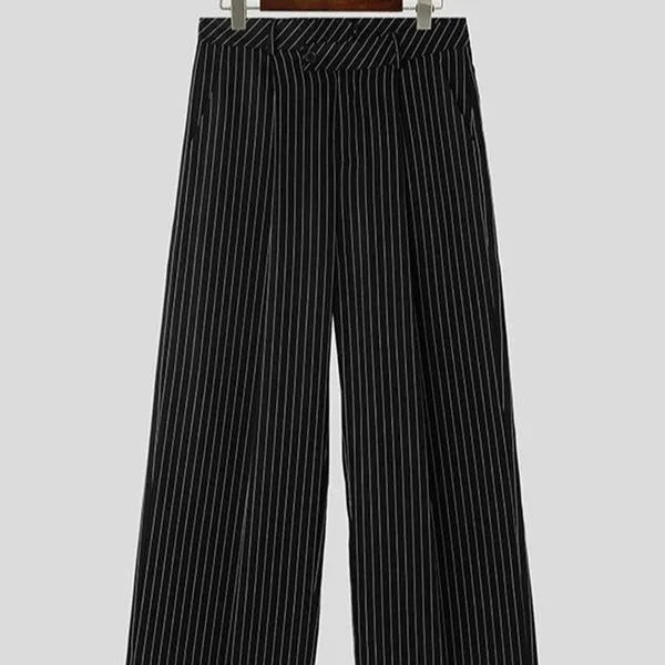 Men's black vertical striped pleated casual trousers with high elasticity fabric, laid flat.