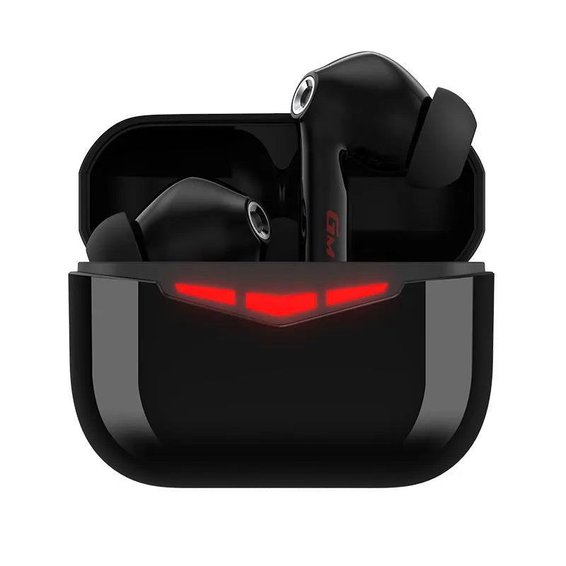 True wireless Bluetooth gaming headset in black, pink, white, or grey with charging case and three ear tip sizes.
