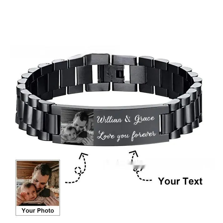 Titanium steel men's bracelet with curved heart shape and engraved lettering in black or grey finishes