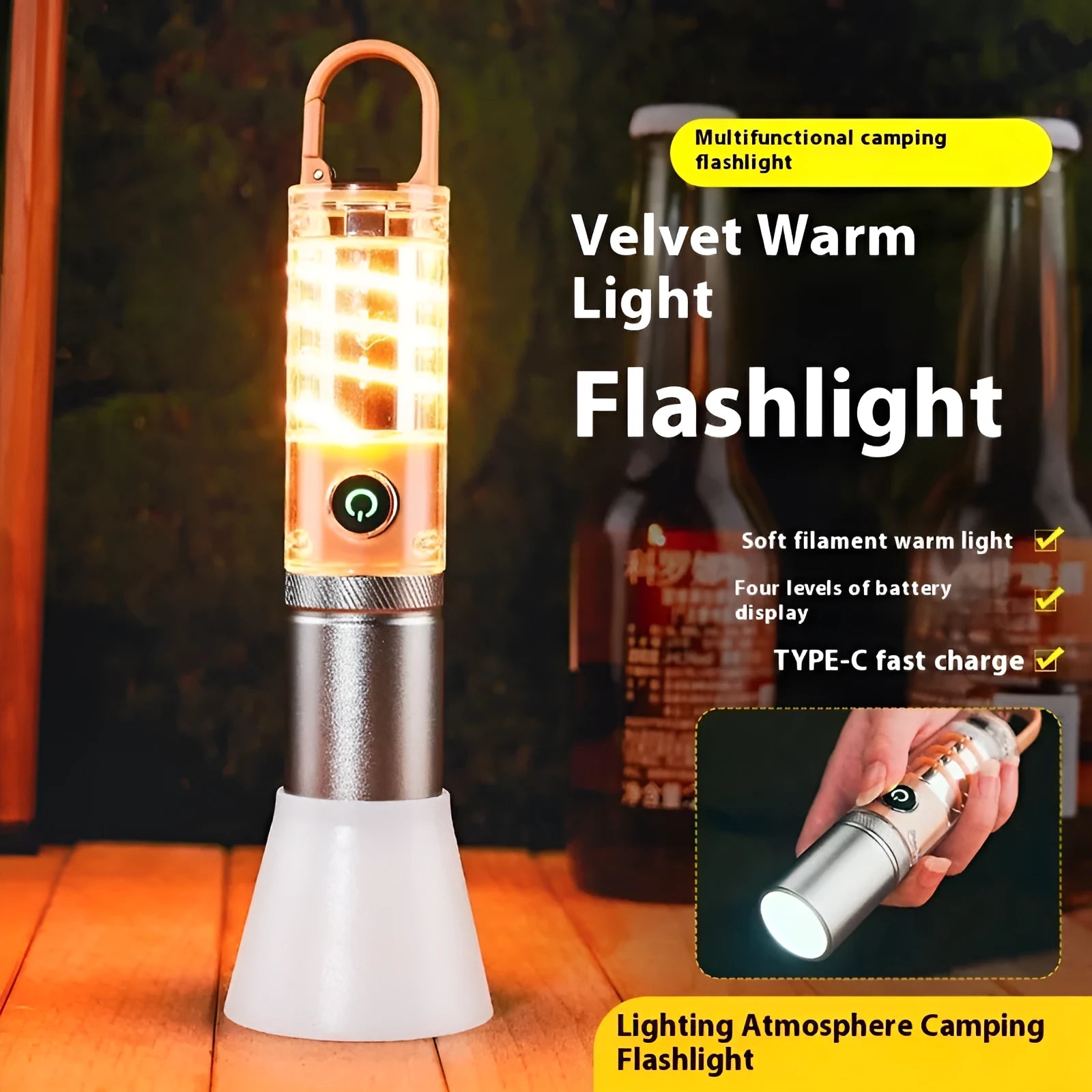 Orange and beige 10W rechargeable flashlight with hook, keychain, and USB cable.