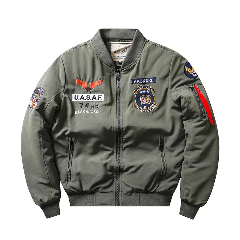 Men's slim-fit black retro stand collar cotton-padded Harley-style coat with patch pockets.