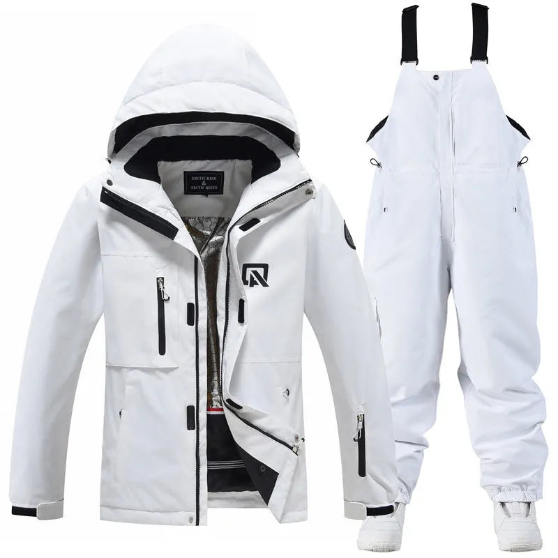 Men's and women's waterproof ski suit in blue with black trousers for winter snow sports