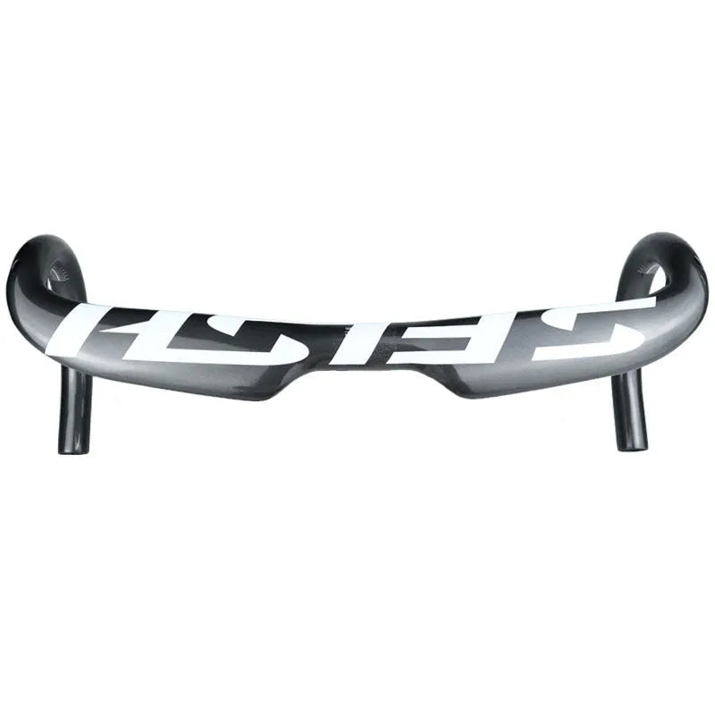 Carbon fibre road bicycle drop handlebar showing ergonomic shape, available in multiple widths.