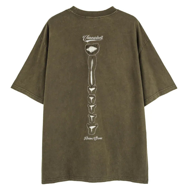 Black cotton t-shirt with skull pattern and drop shoulder sleeves, loose fit streetwear style