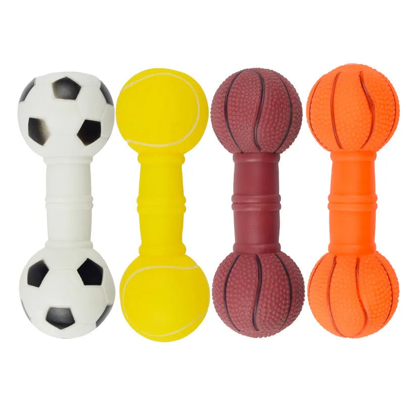 Brown orange white yellow football dumbbell shaped PVC dog chew toy with squeaker