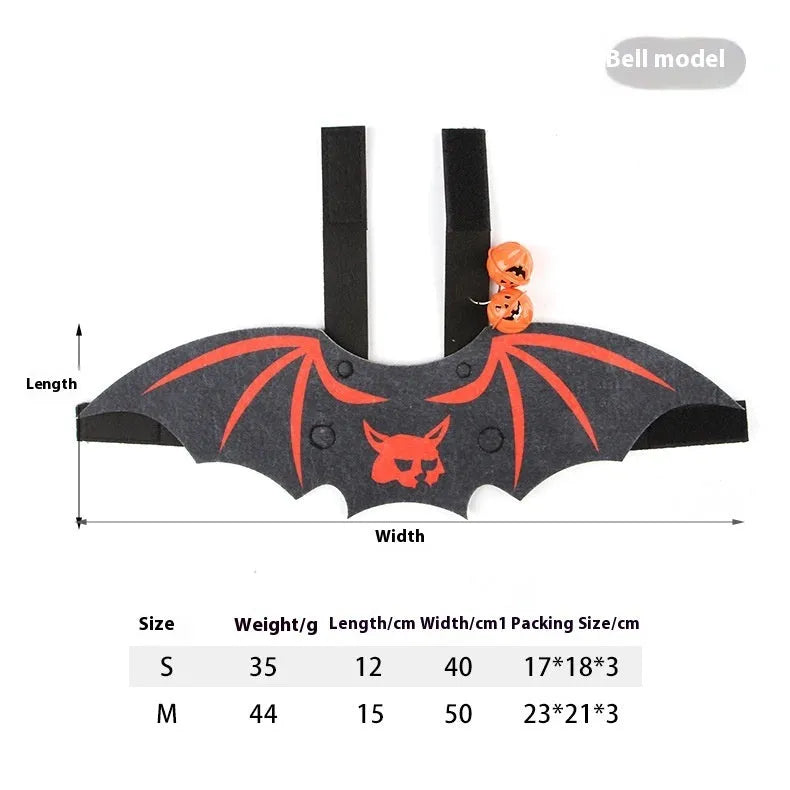 Halloween batwing costume on cat with soft felt construction and bell accessory