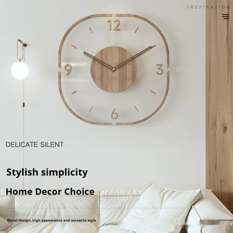 Modern round transparent wall clock with a wooden frame, measuring 35cm by 35cm.