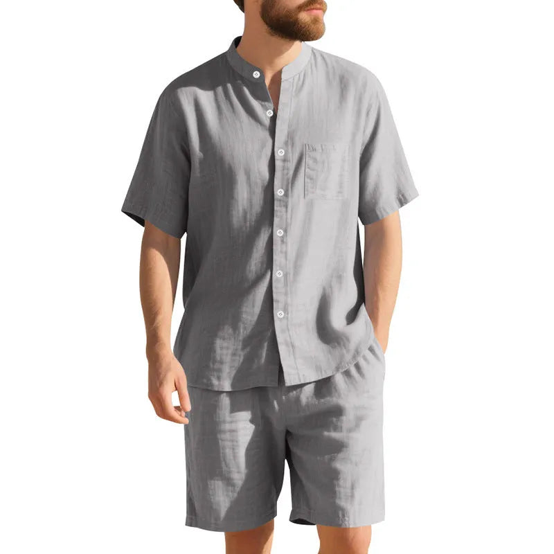 Men's linen Henry collar short sleeve shirt and matching shorts summer suit in multiple colours