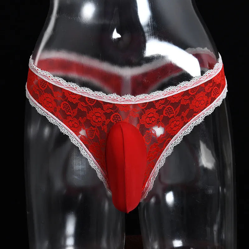Men's lace briefs with vertical bag egg design in low-waist triangle cut
