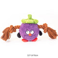 Green and purple interactive dog plush toy with internal rope knot for tug-of-war and chewing.
