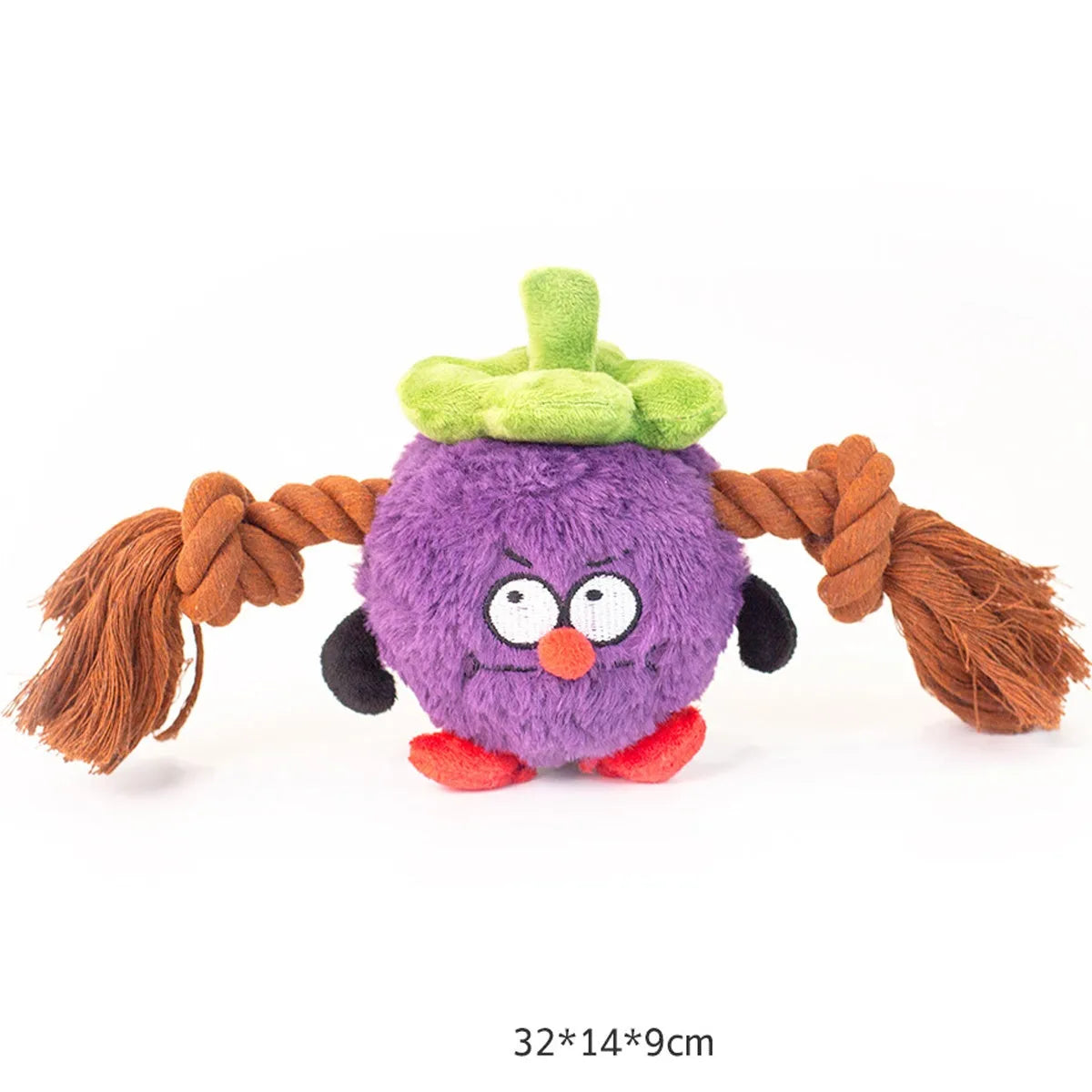 Green and purple interactive dog plush toy with internal rope knot for tug-of-war and chewing.