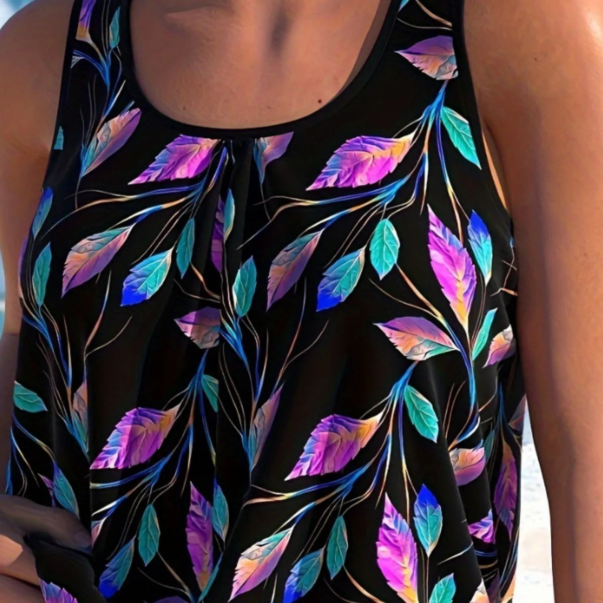 Women's split leaf swimsuit two-piece set with matching shorts in pure colour