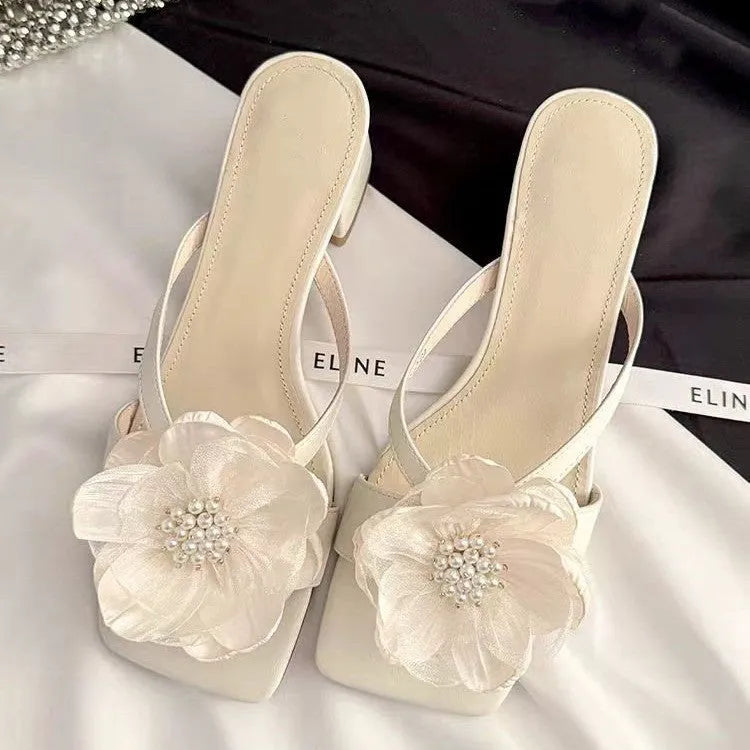 Women's fashion sandals with chunky heel, square toe, and satin upper in cream-white colour