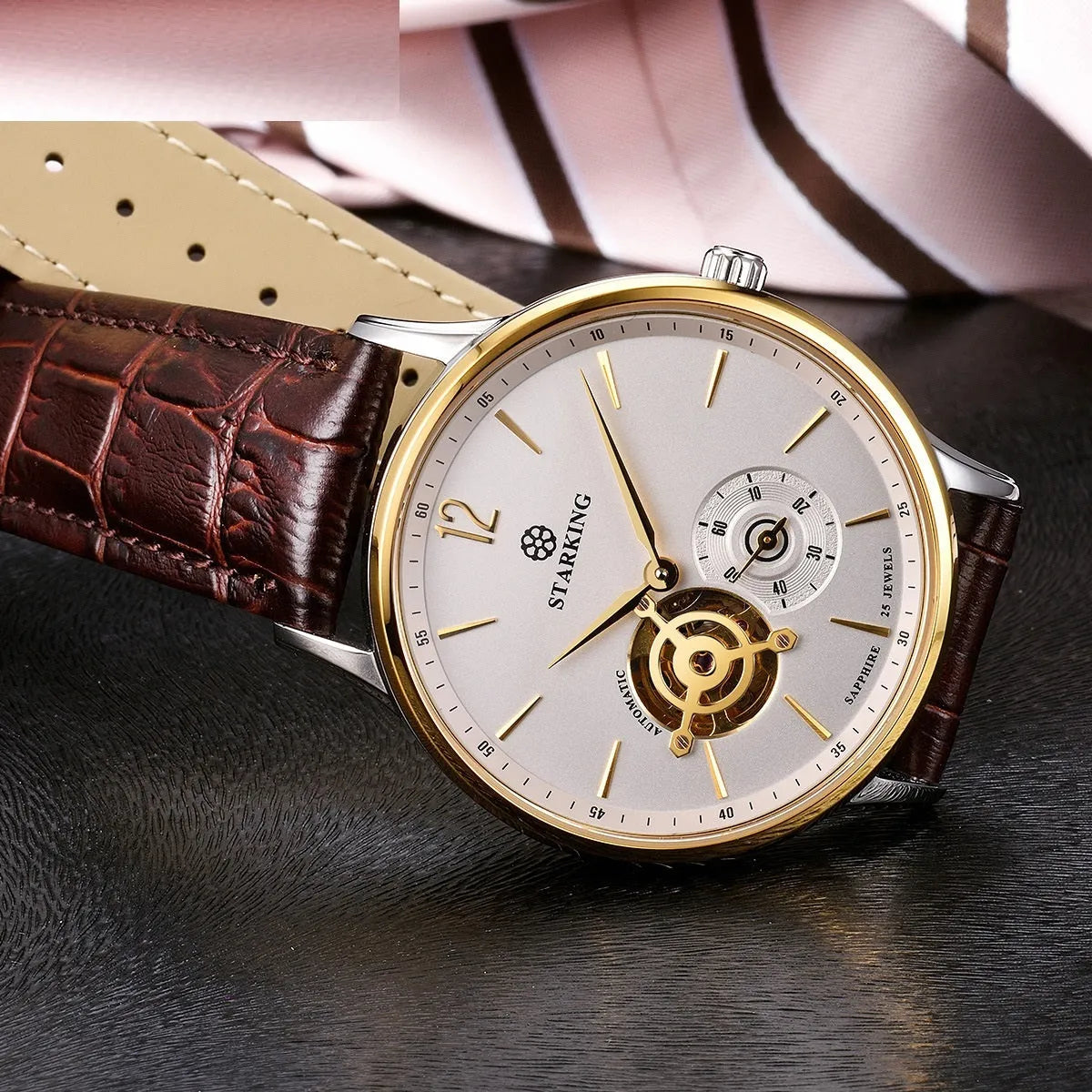 Automatic mechanical business watch with brown leather strap and stainless steel case