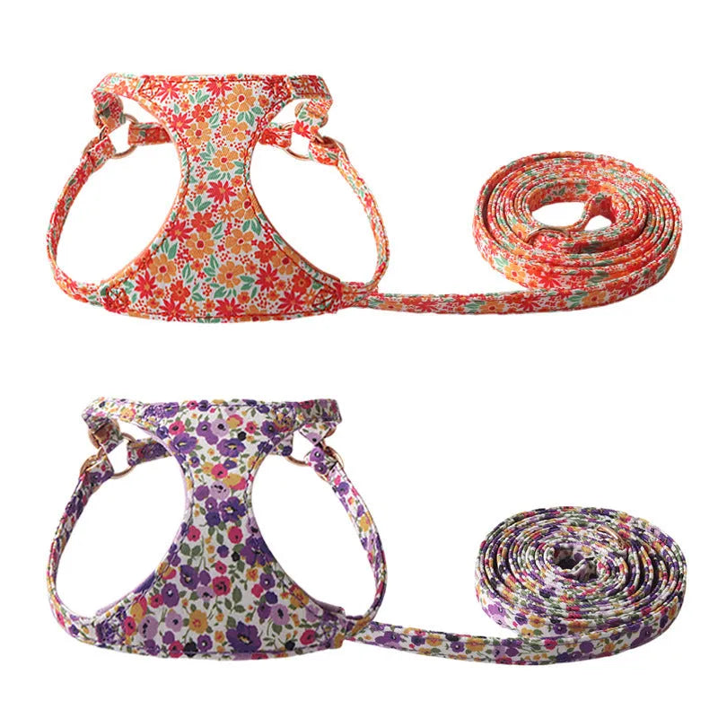 Floral cloth pet harness and leash set for small dogs in multiple colour options