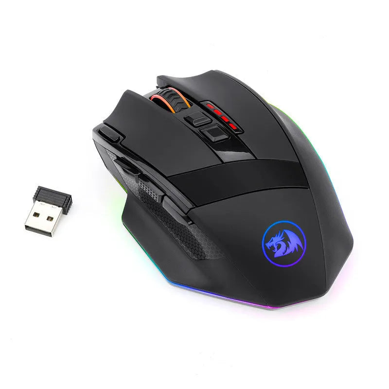 Redragon M801P black gaming mouse showing nine programmable buttons and dual-mode wireless/wired connectivity
