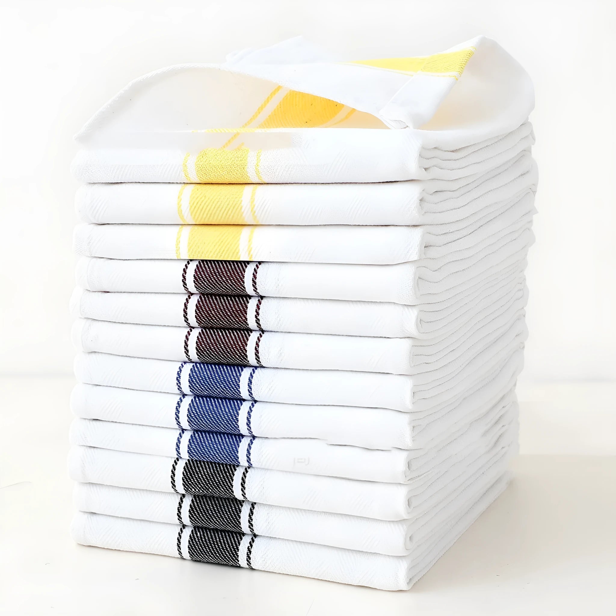Pack of twelve striped polyester cotton dish towels in assorted colours including blue, yellow, brown, and black