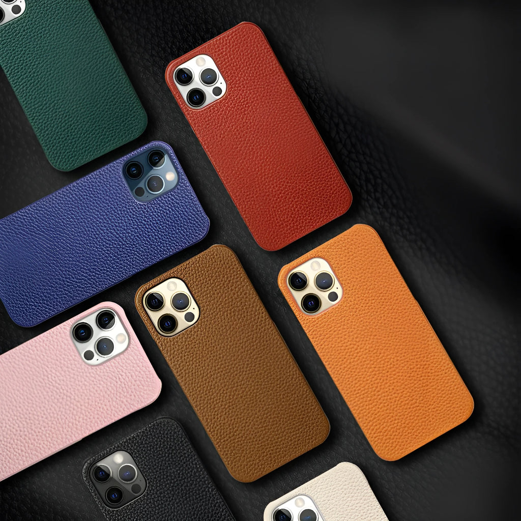 Genuine brown leather shatterproof protective case for iPhone on a table.