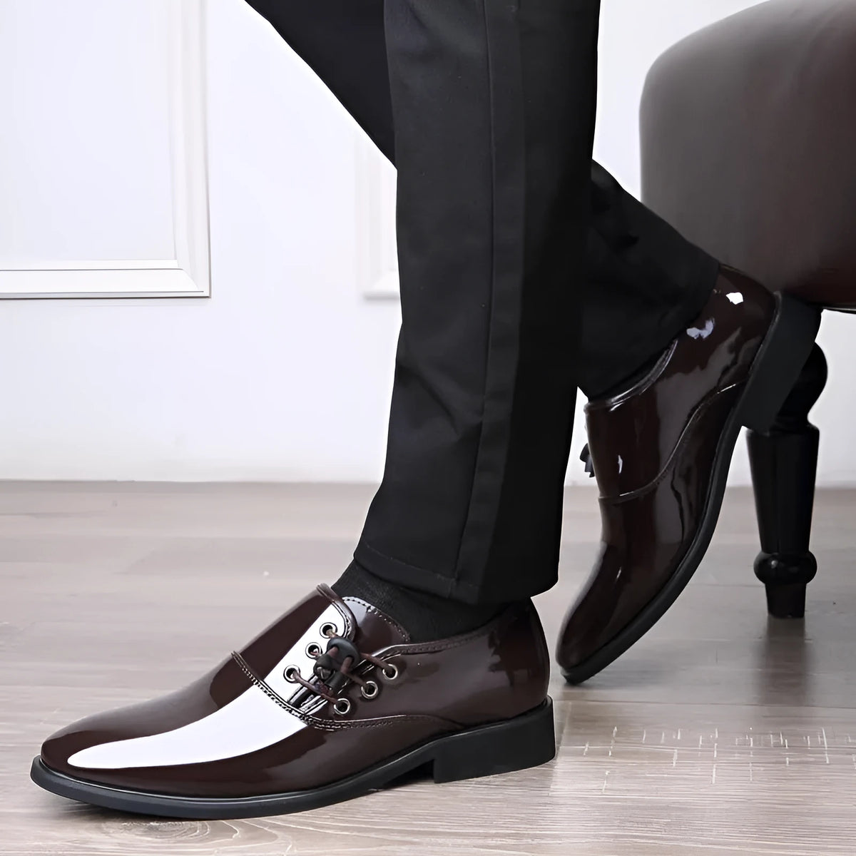 Men's black and brown business formal shoes with a square rubber heel and round toe.