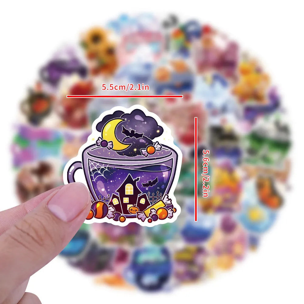 50 piece pack of colourful tea cup graffiti waterproof stickers for sports scooters and luggage in Nordic style