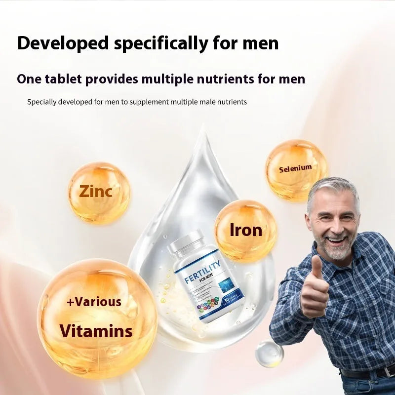 Bottle of Male Fertility Tablets, 60 tablets with COMLEX vitamin mineral amino acids.