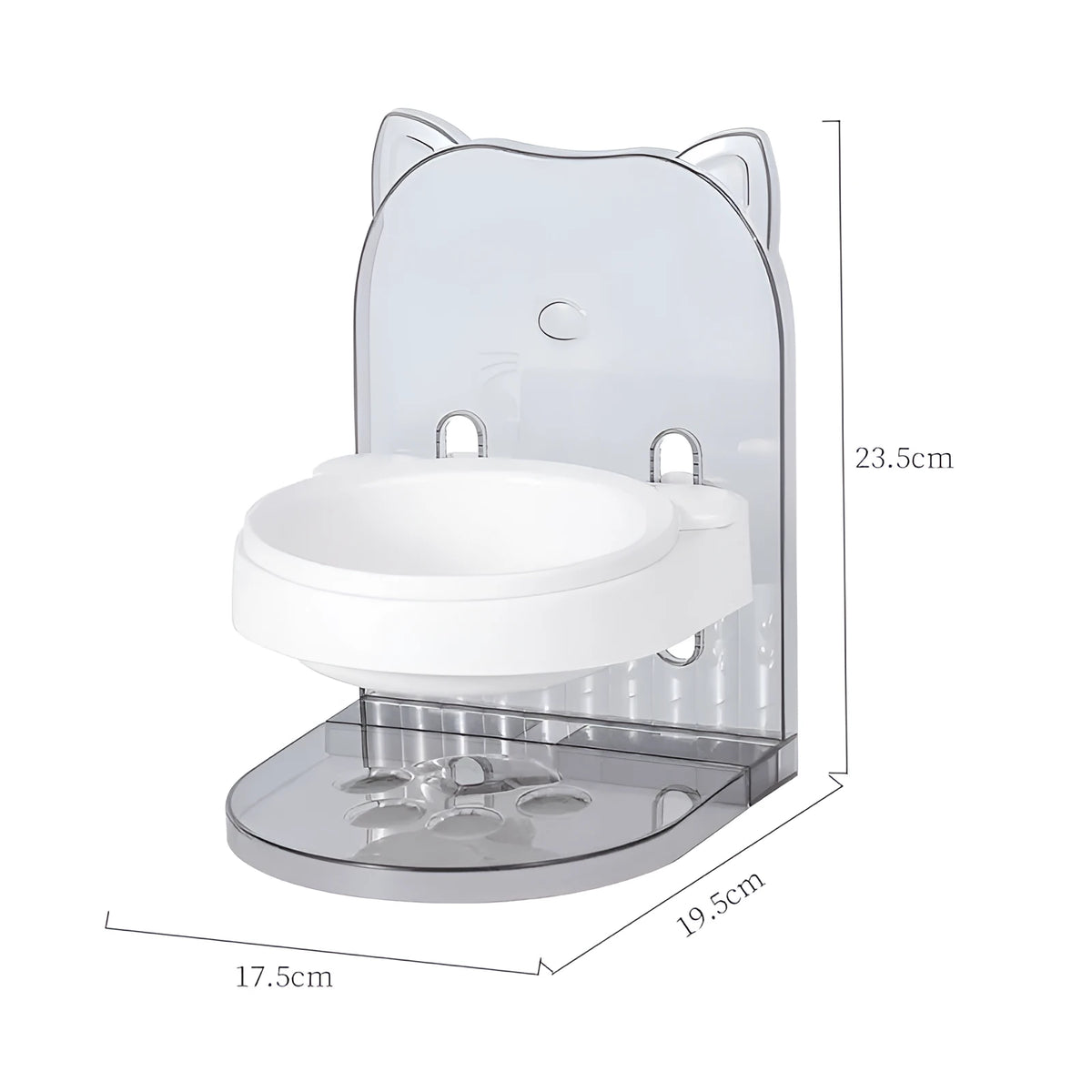 Grey cat feeding bowl with cat ears design and neck protection collar on removable hanging cage