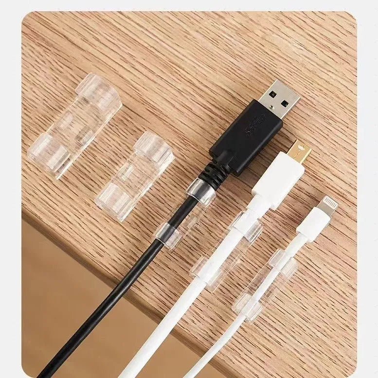 Transparent plastic self-adhesive cable management clips in small, medium, large, extra-large sizes