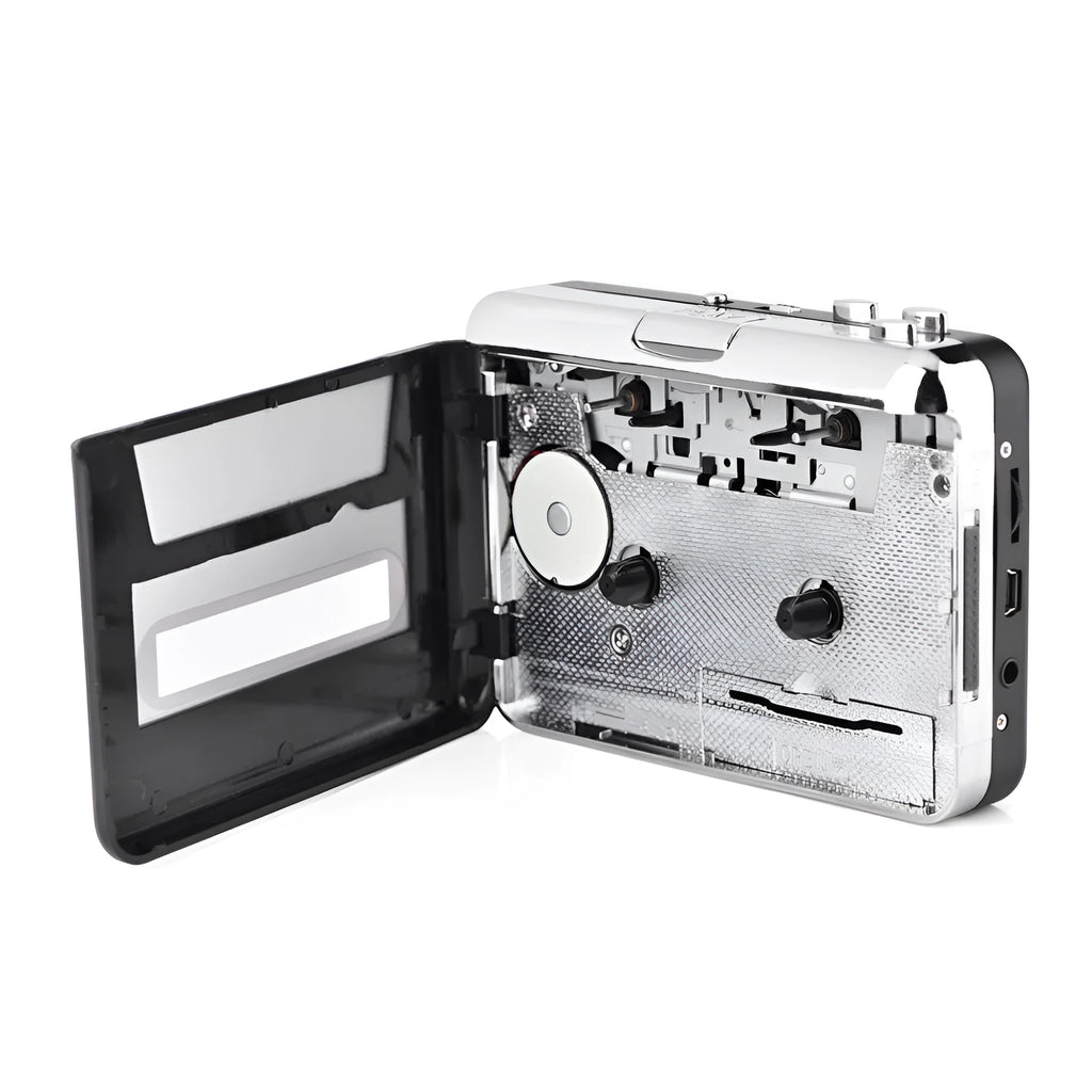 Silver USB cassette to MP3 converter with USB cable and earphones for tape digitisation