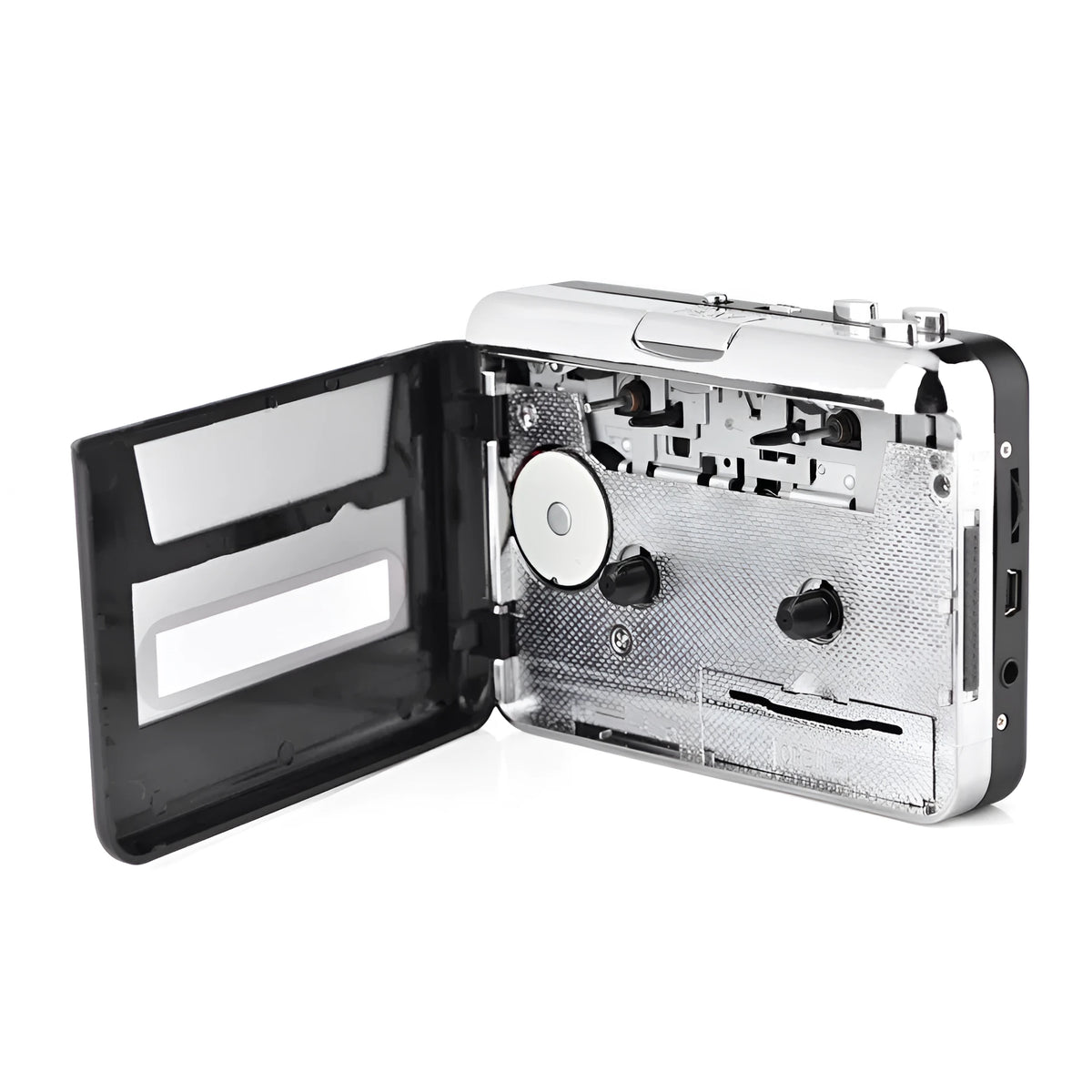 Silver USB cassette to MP3 converter with USB cable and earphones for tape digitisation