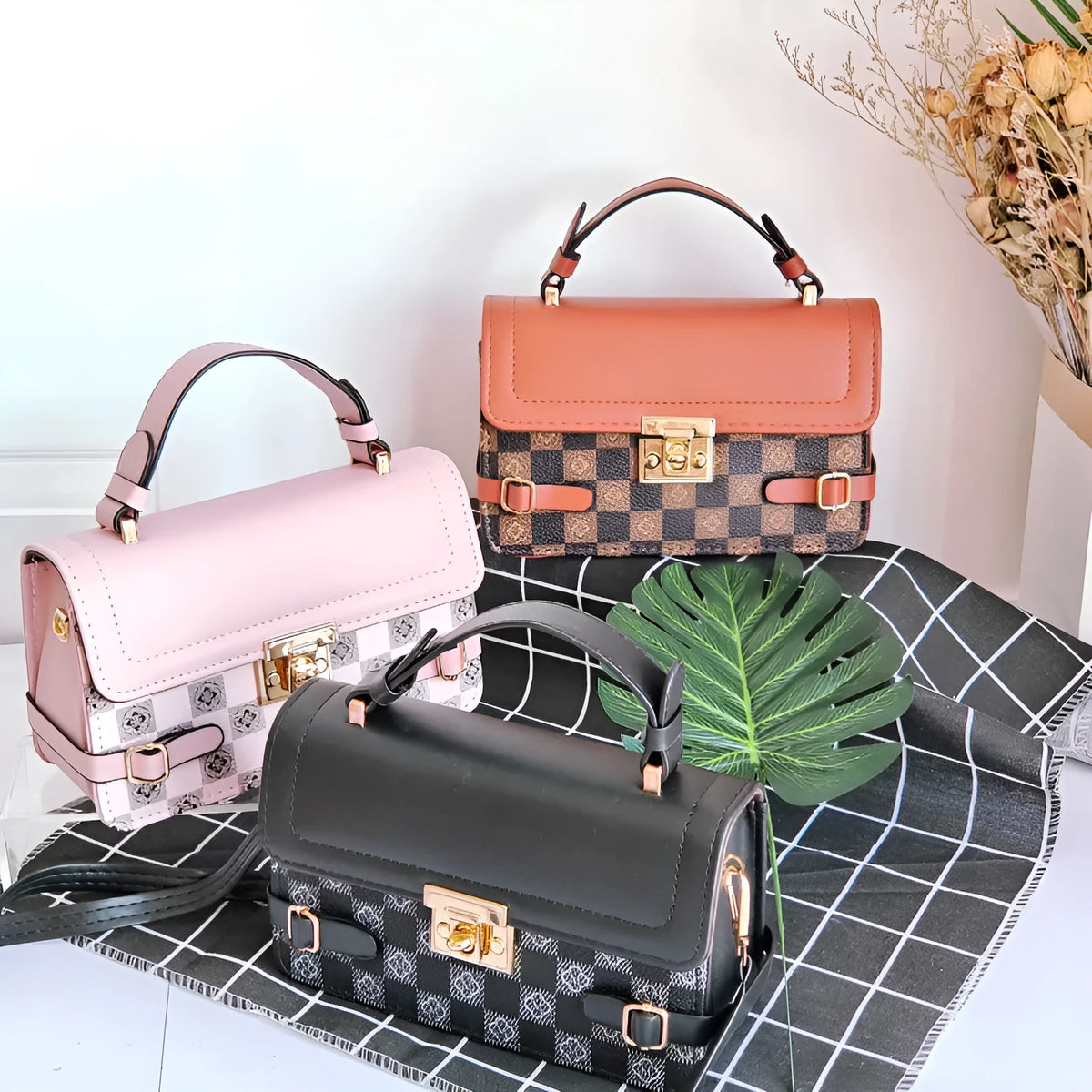 PU leather retro square crossbody bag with floral embroidery and diamond stitching pattern