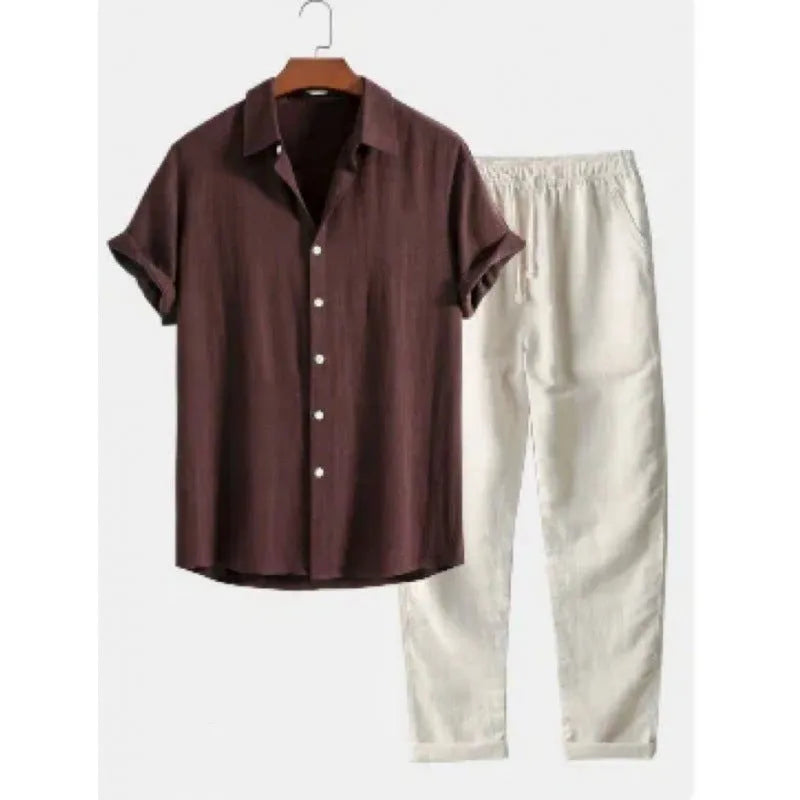 Man wearing a loose-fit short-sleeve shirt and trousers from a casual linen-blend suit set.
