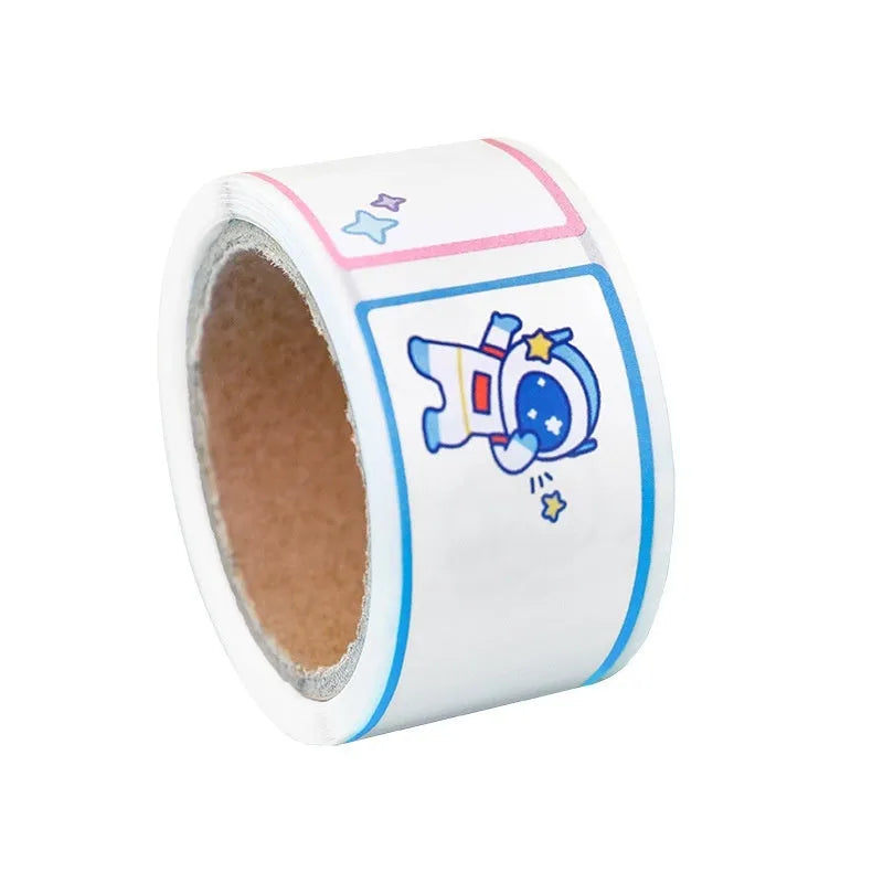 Roll of cartoon tape stickers with dinosaur, astronaut, rabbit, and girl designs for student labelling