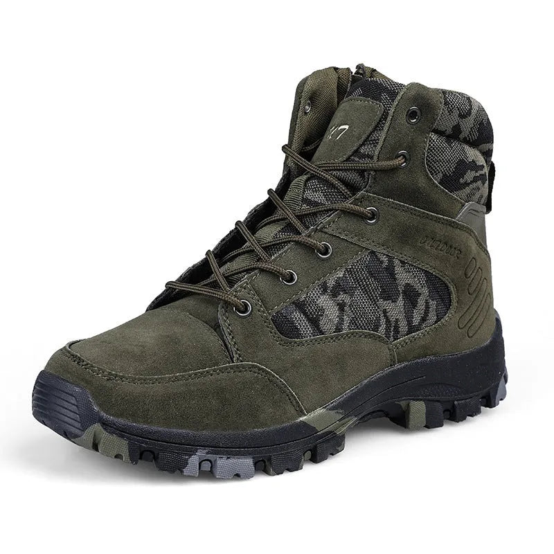 Men's black camouflage high-top hiking shoes with artificial PU upper and metal details