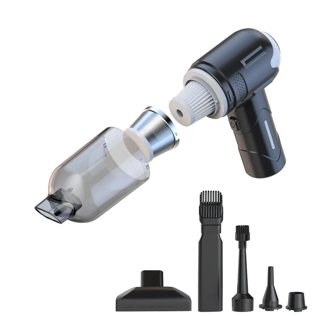 Wireless handheld pet hair vacuum cleaner with multiple nozzle attachments on a white background.