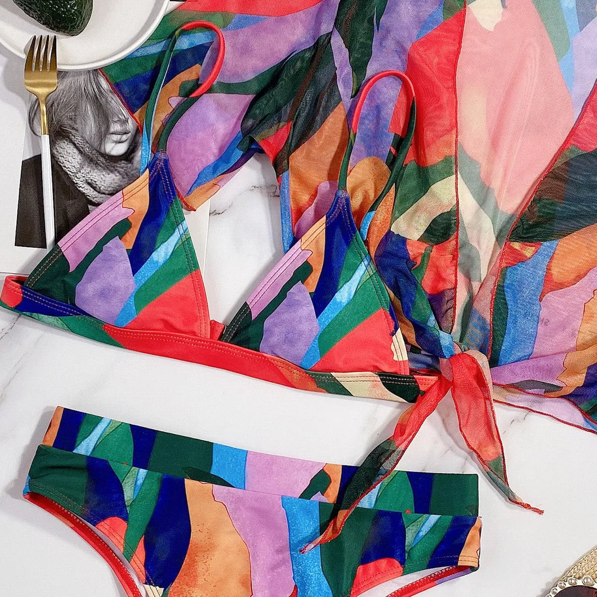 Red printed split swimsuit for women with nylon construction in briefs and triangle bikini styles