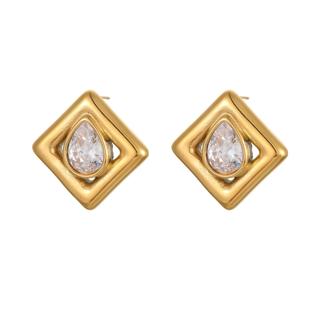 Gold geometric stud earrings with water drop zircon inlays on stainless steel with 18K electroplated finish