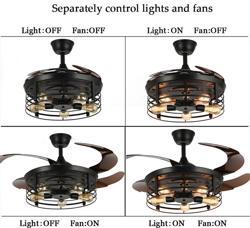 42-inch American retro ceiling fan lamp with remote control and invisible blade design
