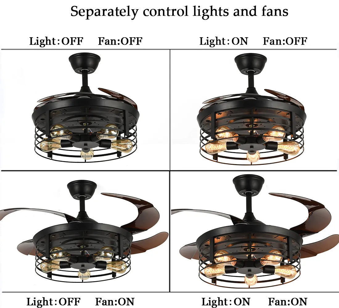 42-inch American retro ceiling fan lamp with remote control and invisible blade design