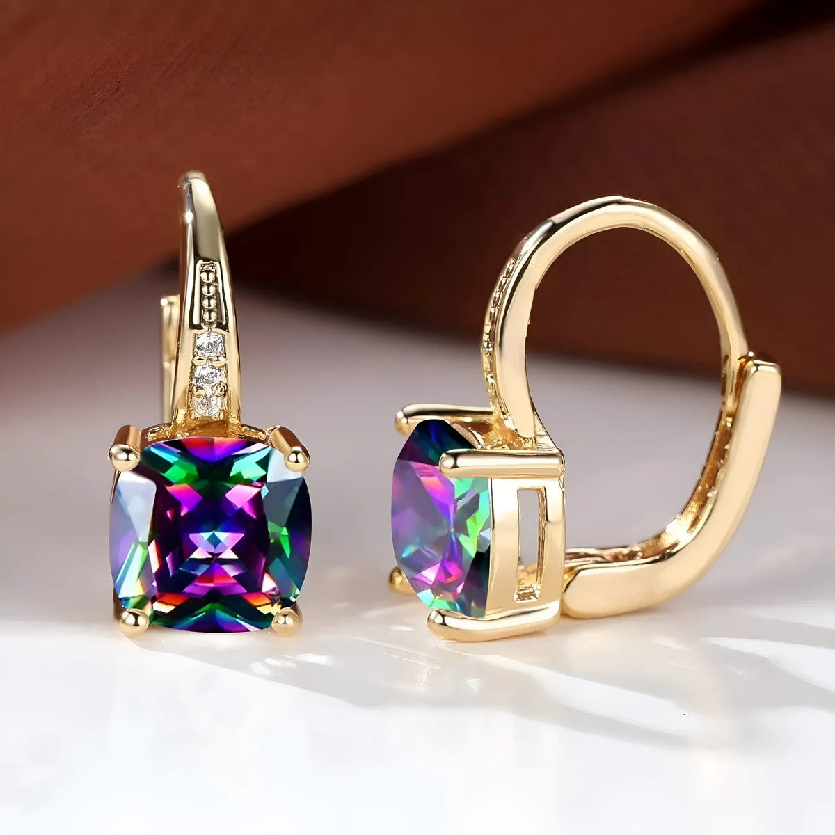 Square geometric ear clip with colourful moissanite stones in gold electroplated finish