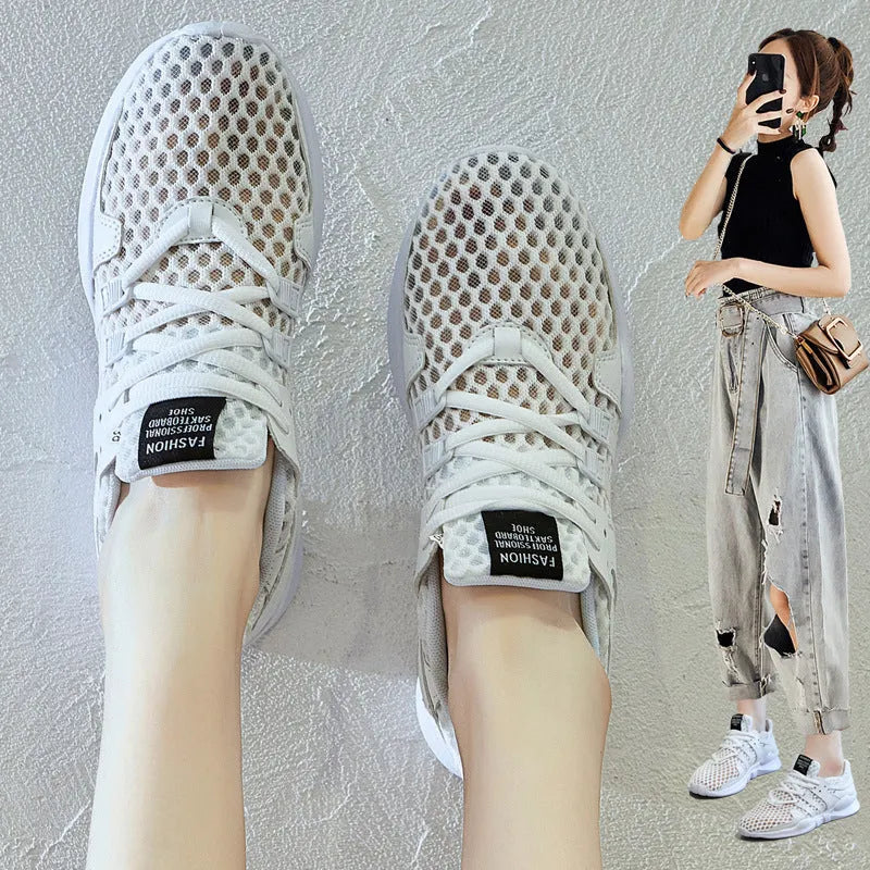 Low-top mesh sneaker with hollow-out detail and flat EVA sole in a slip-on style.