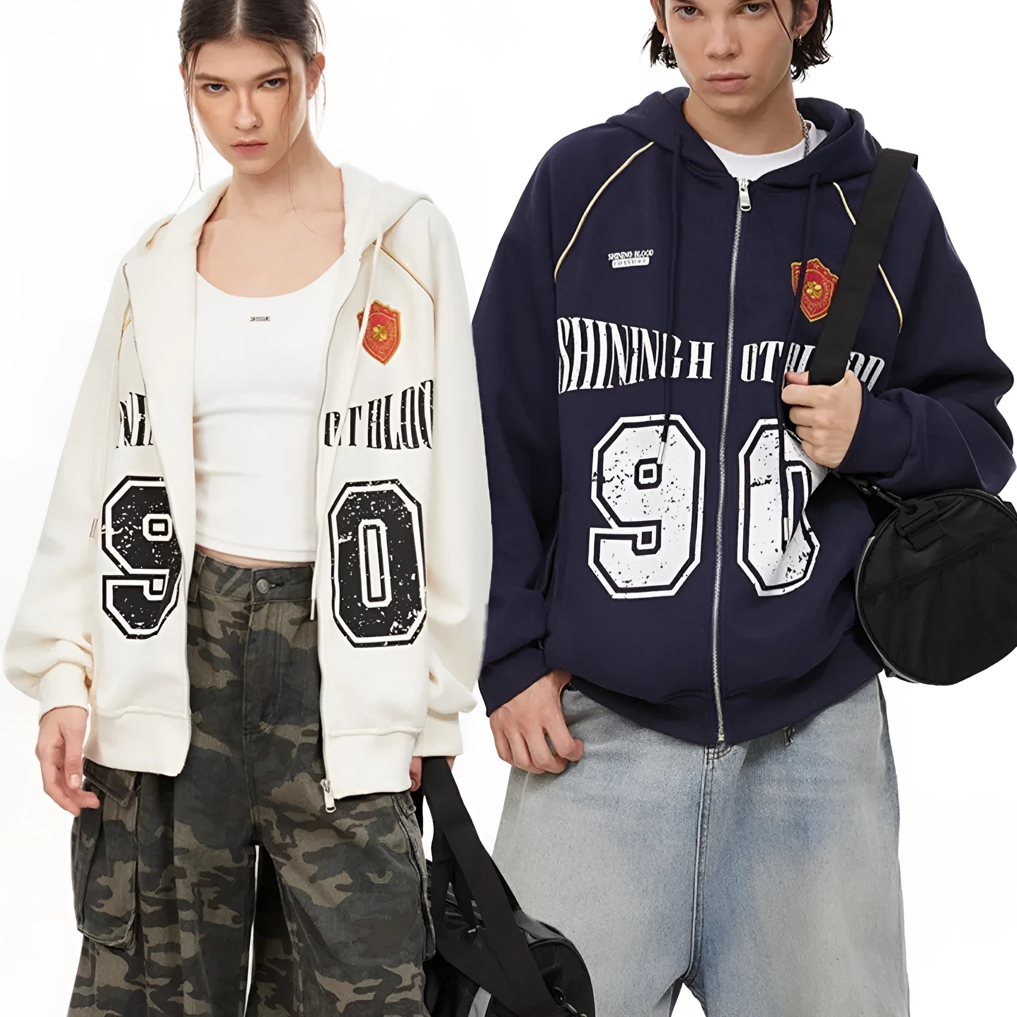 Women's American retro style cotton blend jacket with embroidered letters, loose fit, and hood