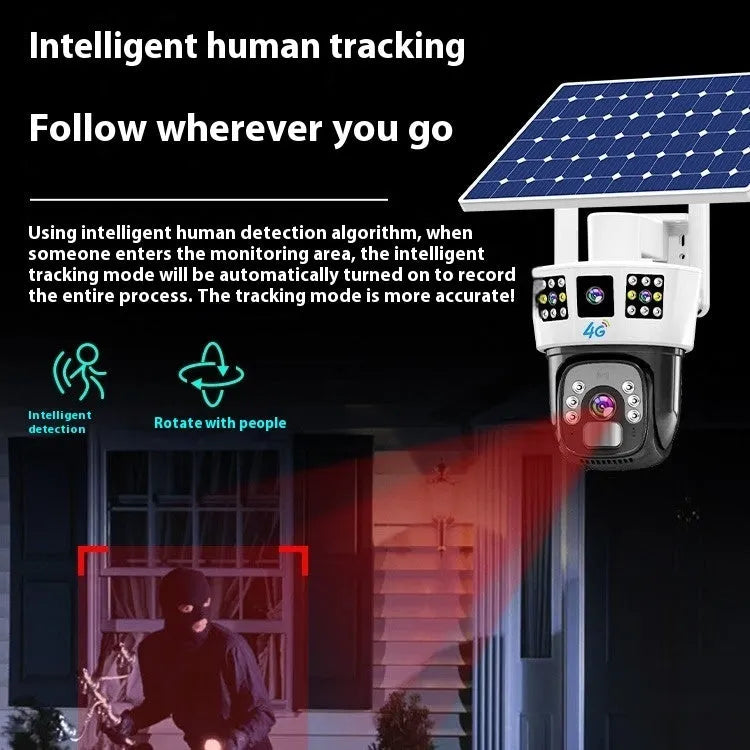 Solar-powered outdoor security camera with three-screen surveillance display and solar panel