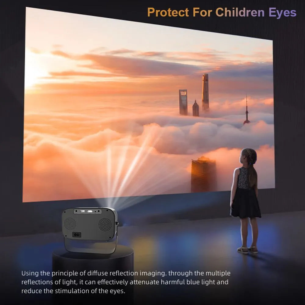 Black smart portable projector with HD 1280×720 resolution and included remote control