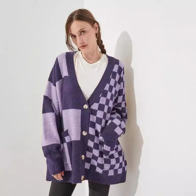 A woman's loose slim fit cardigan in a polyester-spandex knit fabric, shown in one of six available colours.