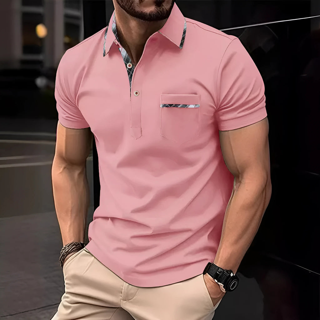 Men's short sleeve lapel polo shirt with dot pattern, available in black, wine red, sky blue and pink, sizes S to XXXL.