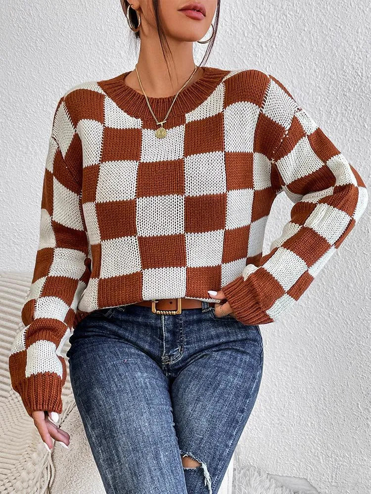 Dark brown acrylic plaid sweater with chessboard pattern, loose fit round neck, long sleeves