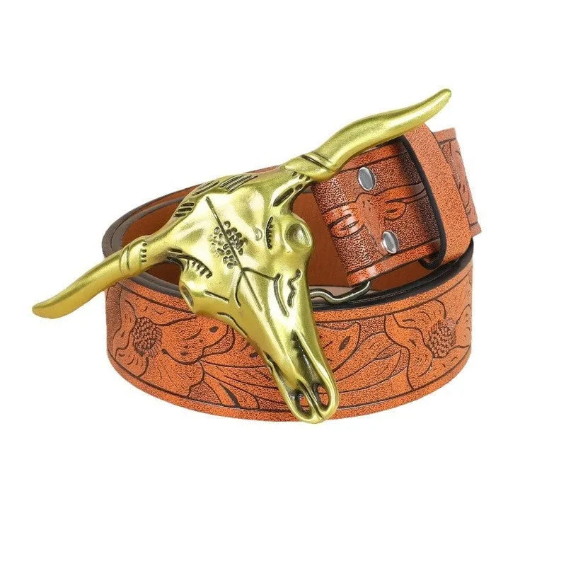 Men's black imitation leather belt with a detailed alloy cow head buckle and pin-buckle fastening.